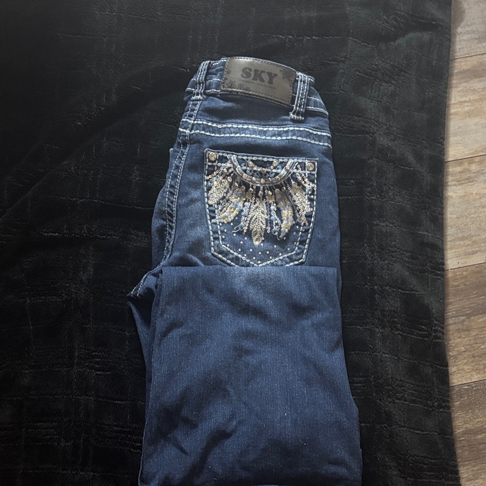 Sky Women's Dark Blue Boot Cut Jeans with Embellished Pocket size 5/6